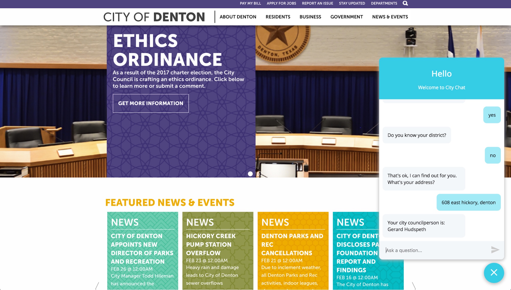 A screen capture of the chatbot demo on a City of Denton website.